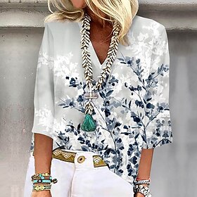 Women's Shirt Blouse Floral Pink Blue Green Print Half Sleeve Casual Holiday Basic V Neck Regular Fit
