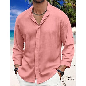 Men's Shirt Linen Shirt Button Up Shirt Casual Shirt Summer Shirt Beach Shirt Black White Pink Long Sleeve Plain Band Collar Spring  Summer