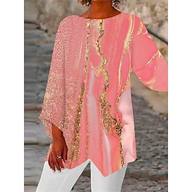 Women's Shirt Blouse Graphic Abstract Light Green Pink Blue Asymmetric Print Long Sleeve Casual Daily Basic Neon  Bright Round Neck Regular Fit Fall  Winter