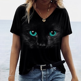 Damen T Shirt Katze 3D Täglich Wochenende Schwarz Bedruckt Kurzarm Basic V Ausschnitt Regular Fit