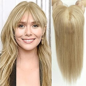 Human Hair Toppers For Women 100% Remy Human Hair Topper With Bangs 150% Density Silk Base Clip In Topper For Women 14in 40g-Light Blonde