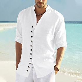 Men's Shirt Linen Shirt Summer Shirt Beach Shirt Black White Pink Long Sleeve Plain Collar Spring  Summer Casual Daily Clothing Apparel