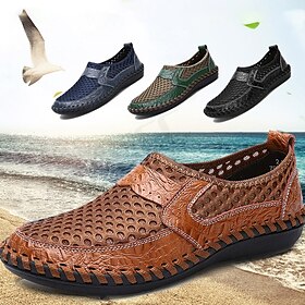 Men's Brown Breathable Faux Leather Loafers - Casual Summer Slip-On Shoes with Perforated Design for Outdoor Activities