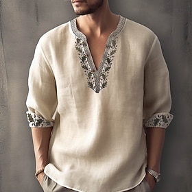 Men's Linen Shirt Casual Shirt Summer Shirt Beach Shirt White Pink Blue Long Sleeve Striped Lapel Spring  Summer Hawaiian Holiday Clothing Apparel Print