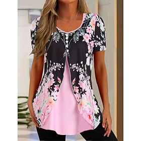 Women's T shirt Tee Floral Pink Navy Blue Blue Print Button Short Sleeve Holiday Weekend Basic Round Neck Regular Fit
