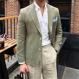 Men's Linen Blazer Jacket Beach Wedding Casual Tailored Fit Solid Colored Single Breasted Two-buttons ArmyGreen Camel 2023