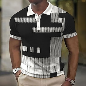 Men's Polo Shirt Waffle Polo Shirt Lapel Polo Button Up Polos Golf Shirt Striped Plaid / Check Graphic Prints Geometry Turndown Black Pink