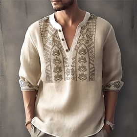 Men's Shirt Linen Shirt Floral Graphic Prints Stand Collar White Pink Blue Khaki Gray Outdoor Street Long Sleeve Print Clothing Apparel Linen Fashion Streetwea