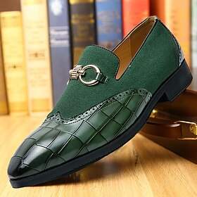 Men's Green Faux Leather Loafers with Crocodile Pattern and Gold Buckle - Stylish Formal Shoes for Office, Business  Casual Wear