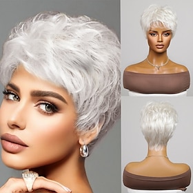 Human Hair Blend Wig Short Natural Straight Pixie Cut Side Part Layered Haircut Asymmetrical Silver Cosplay Curler  Straightener Natural Ha