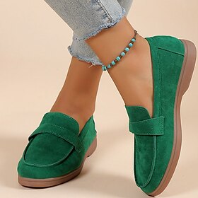 Women's Green Suede Loafers  Comfortable Slip-On Flat Shoes for Casual Wear, Walking  Daily Outfits