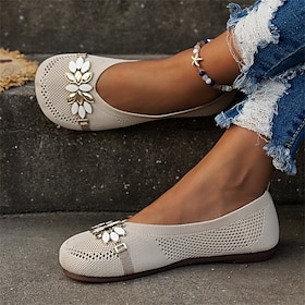 Women's Beige Knit Ballet Flats  Breathable Slip-On Shoes with Floral Embellishment for Casual Outings, Office, and Travel