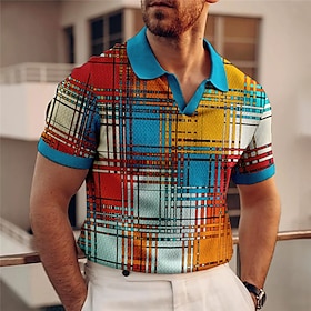 Men's Polo Shirt Golf Shirt Plaid / Check Graphic Prints Geometry V Neck Yellow Red Royal Blue Blue Green Outdoor Street Short Sleeves Prin