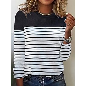 Women's T shirt Tee Striped Black White Red Print Long Sleeve Daily Weekend Basic Round Neck Regular Fit Fall Winter