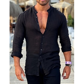 Men's Shirt Linen Shirt Summer Shirt Beach Shirt Black White Light Blue Long Sleeve Plain Band Collar Spring  Summer Casual Daily Clothing