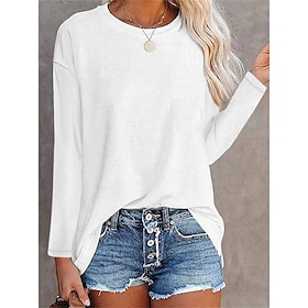 Damen T-Shirt Langarm Rundhals Langarm Tunika Einfarbig Einfach Alltag Basic Rundhals Reguläre Oberteile Alltag Schwarz Weiß Pink Blau Grau Herbst  Winter Vors
