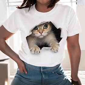 Women's T shirt Tee Funny Tee Shirt Black White Graphic Cat Print Short Sleeve Casual Daily Basic Round Neck Regular 100% Cotton 3D Cat Plus Size L