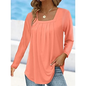 Women's Plain Pleated Casual Square Neck Long Sleeve T-shirt