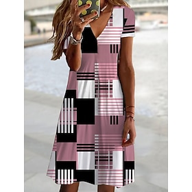 Women's Summer Dress Print Dress Geometric Plaid Print V Neck Mini Dress Active Fashion Outdoor Daily Short Sleeve Regular Fit Yellow Light Green Pink Summer S