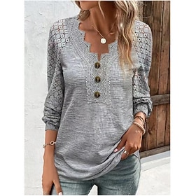 Women's T shirt Tee Plain Black White Red Lace Long Sleeve Daily Weekend Elegant Fashion Basic V Neck Regular Fit Fall  Winter