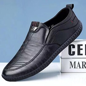 Men's Black Faux Leather Slip-On Loafers with Soft Sole and Elastic Side Panels, Comfortable Casual Shoes for Driving, Office and Daily Wear