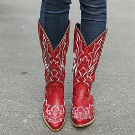 Women's Boots Cowboy Boots Plus Size Work Boots Outdoor Daily Winter Chunky Heel Pointed Toe Elegant Minimalism Patent Leather Loafer Black Red Brown