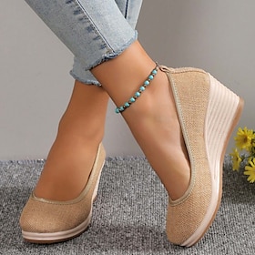 Women's Beige Woven Fabric Wedge Shoes  Comfortable Slip-On Platform Heels for Casual Summer and Daily Wear