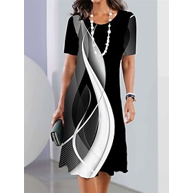 Women's Summer Dress Print Dress Geometric Color Block Print Crew Neck Mini Dress Fashion Streetwear Outdoor Daily Short Sleeve Regular Fit Black And White Bla