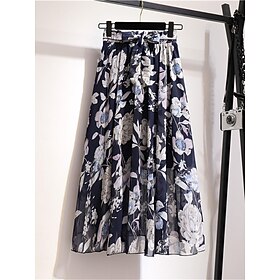 Women's Skirt Long Skirt Midi Black White Pink Blue Skirts Summer Ruched Floral Print Fashion Casual Boho Street Daily One-Size