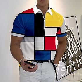 Voor Heren POLO Shirt Revers Polo Polo Met Rits Golfshirt Geruit Grafische Prints Geometrie Strijkijzer Geel Blauw Groen Grijs Buiten Straat Korte Mo