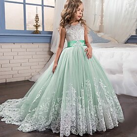 Kids Little Girls' Dress Lace Floral Princess Party Formal Evening Wedding Pageant Embroidery Bow White Purple Red Tulle Maxi Sleeveless Elegant Vintage Ball G