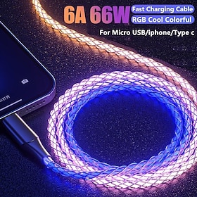 Fast Charging RGB Cable 100W Breathing Light 66W Type C USB C Data Cable for iPhone Samsung Android Micro 30W Quick Charge Cable