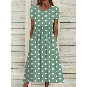 Women's Summer Dress PolkaDotDress Floral Polka Dot Print Pocket Crew Neck Midi Dress Fashion Streetwear Outdoor Daily Short Sleeve Loose Fit Black Red Blue