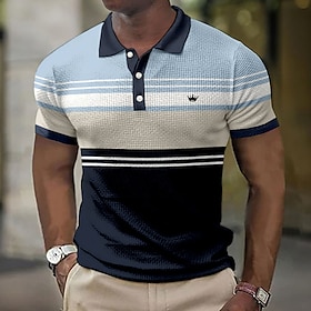 Men's Polo Shirt Waffle Polo Shirt Lapel Polo Button Up Polos Golf Shirt Striped Graphic Prints Turndown Pink Blue Green Light Blue Gray Ou