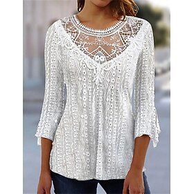 Women's Lace Shirt Shirt Blouse Plain Black White Pink Lace 3/4 Length Sleeve Casual Elegant Vintage Fashion Round Neck Regular Fit