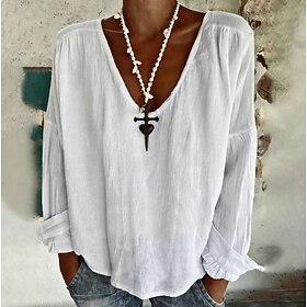 Women's Shirt Blouse Linen Floral Plain White Light Blue Print Long Sleeve Casual Basic V Neck Regular Fit Spring Fall