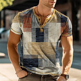 Men's Henley Shirt Graphic Plaid Color Block Henley Clothing Apparel 3D Print Outdoor Daily Short Sleeve Button-Down Print Fashion Designer Comfortable