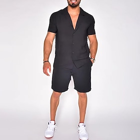 Men's Shirt Shirt Set Casual Shirt Set Black White Yellow Pink Blue Short Sleeves Plain Lapel Street Vacation Basic Clothing Apparel Fashion Leisure