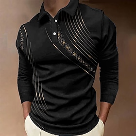 Men's Polo Shirt Golf Shirt Graphic Prints Linear Turndown Black Outdoor Street Long Sleeve Print Button-Down Clothing Apparel Fashion Stre