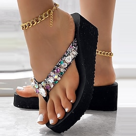 Women's Rhinestone Embellished Platform Flip Flop Sandals with Wedge Heel - Sparkly Summer Shoes for Beach and Casual Outings