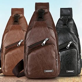 Fashion Men's Casual Crossbody Pouch PU Leather Shoulder Bag Leisure Chest Pack