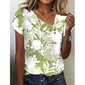 Women's Shirt Blouse Floral Pink Green Print Short Sleeve Casual Holiday Basic V Neck Regular Fit