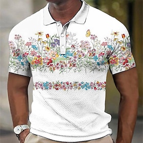 Men's Polo Shirt Waffle Polo Shirt Lapel Polo Button Up Polos Golf Shirt Floral Graphic Prints Turndown Black White Outdoor Street Short Sl