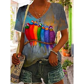 Women's T shirt Tee Bird Black Red Royal Blue Print Short Sleeve Daily Weekend Basic V Neck Regular Fit