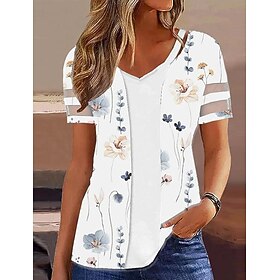 Women's T shirt Tee Floral White Pink Orange Print Short Sleeve Holiday Weekend Basic V Neck Regular Fit