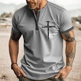 Men's Henley Shirt Graphic Faith Henley Clothing Apparel 3D Print Outdoor Daily Short Sleeve Button-Down Print Fashion Designer Comfortable