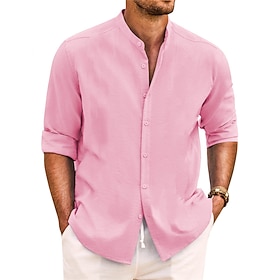 Men's Shirt Linen Shirt Button Up Shirt Casual Shirt Summer Shirt Beach Shirt Black White Pink Long Sleeve Plain Band Collar Spring  Summer Casual Daily Clothi