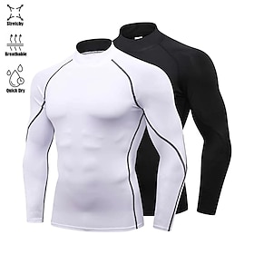 Arsuxeo Men's Compression Shirt Running Shirt Stripe-Trim Reflective Strip Long Sleeve Base Layer Athletic Fall Polyester Breathable Moistu