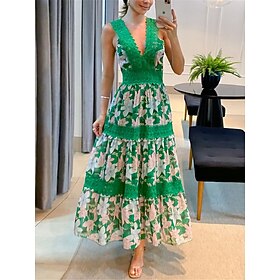 Women's Prom Dress Party Dress Lace Dress Long Dress Maxi Dress White Green Sleeveless Floral Lace Summer Spring Fall V Neck Fashion Evening Party Wedding Gues