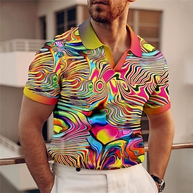 Men's Polo Shirt Golf Shirt Optical Illusion Graphic Prints V Neck Red Blue Purple Green Gray Outdoor Street Short Sleeves Print Clothing A